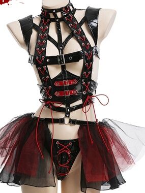 Black and Red Faux Leather Harness Top